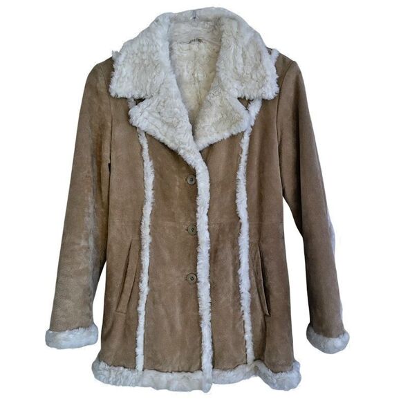 Wilsons Leather Maxima Suede Sherpa Coat Womens Sz M VTG Tan Penny Lane Jacket - Picture 4 of 16